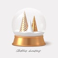 Realistic 3d render snowglobe with abstract golden Christmas trees. Christmas decoration. Royalty Free Stock Photo